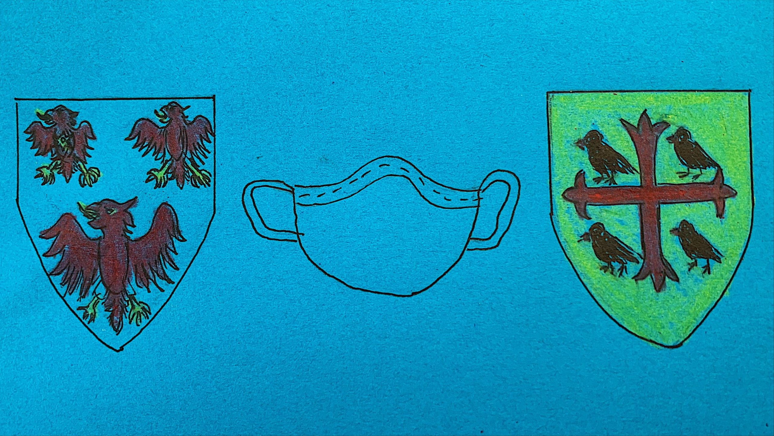 An illustration of the logos of The Queen's College and St Edmund Hall, alongside a face covering