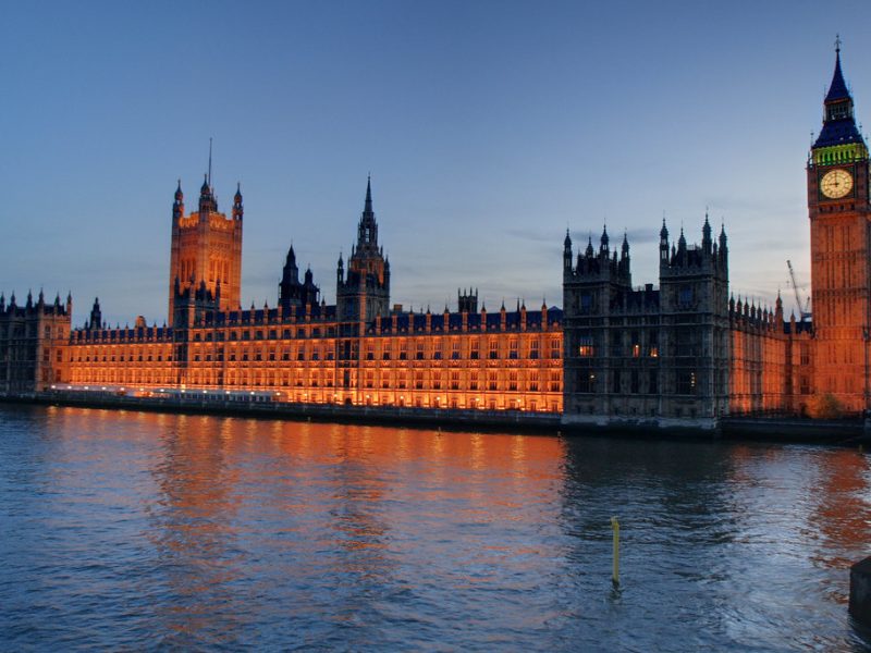 Image of Westminster Parliament at night, a view from across the river.