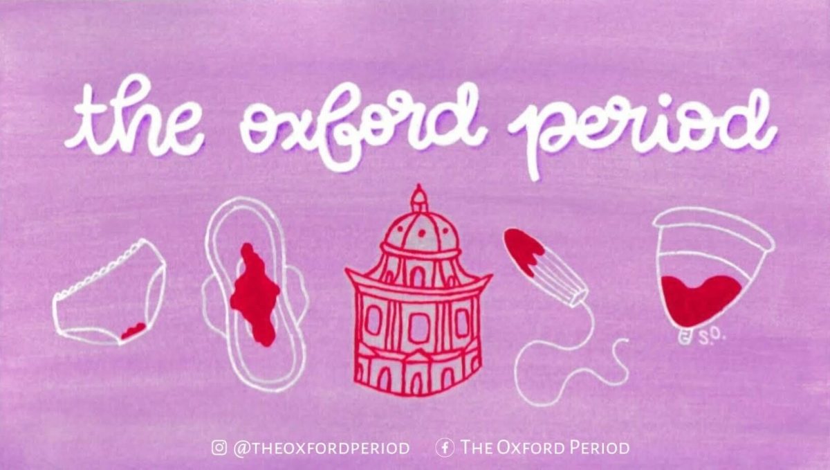 The image shows a red outline drawing of the Rad Cam, as well as period panties, a period pad, a tampon, and a menstrual cup with blood on/in them. It also lists the twitter handle @theoxfordperiod and the Facebook The Oxford Period