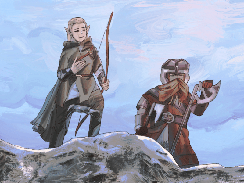 An illustration of two characters from 'The Lord of the Rings', standing on a mountain with a blue sky in the background.