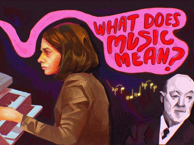 A woman at a piano next to a thought bubble reading 'what does music mean?'