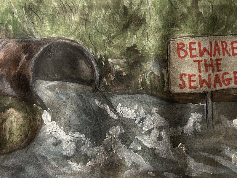 Image of discoloured sewer water flowing out of a pipe, with a sign in red capital letters reading ‘beware the sewage’