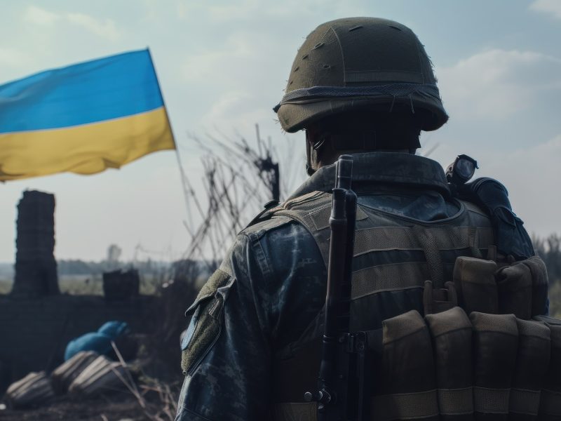 A Ukrainian soldier and flag