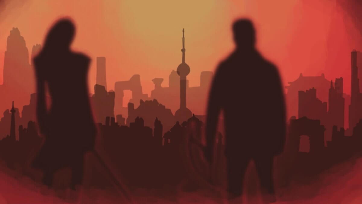 An illustration of two figures—a woman on the left holding a sword and a man to her right holding a bow—silhouetted against a cityscape.