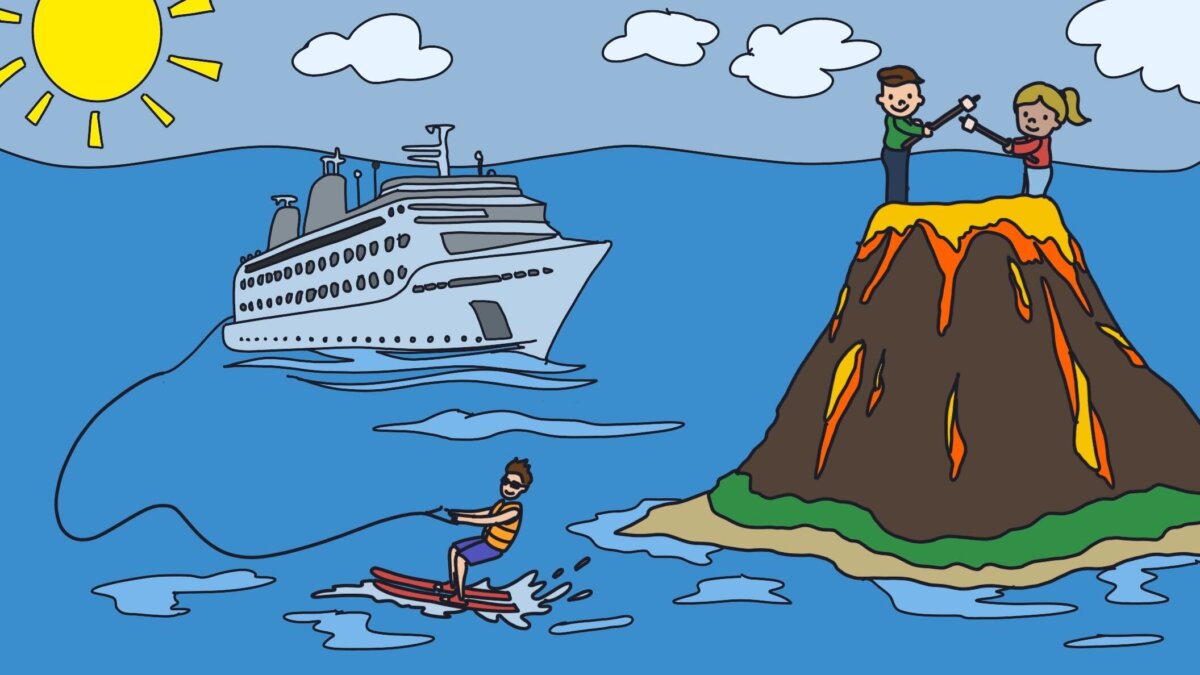 Illustration of a person water-skiing, pulled by a cruise ship. There are also two people roasting marshmallows on a volcano.