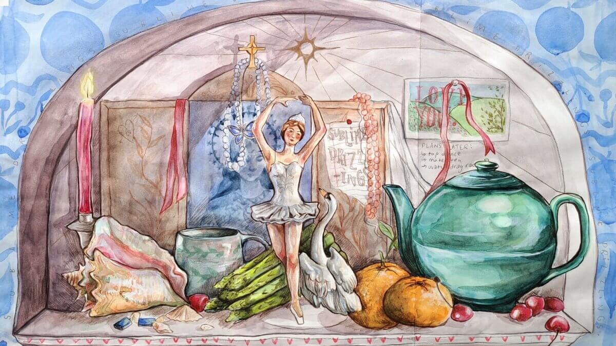 The illustration depicts a selection of ornaments, including a ballerina, candle, teapot, shell, and other decorative objects. The text ‘Sublime Drizzlings’ can be seen in the background, seemingly a handwritten note.