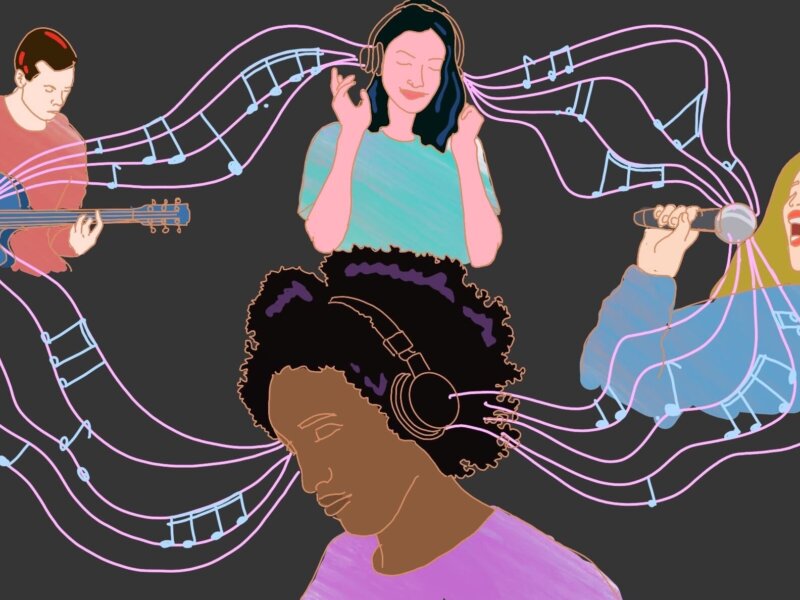 An illustration of 2 people listening to music, a singer and a guitarist all linked by flowing musical staves.