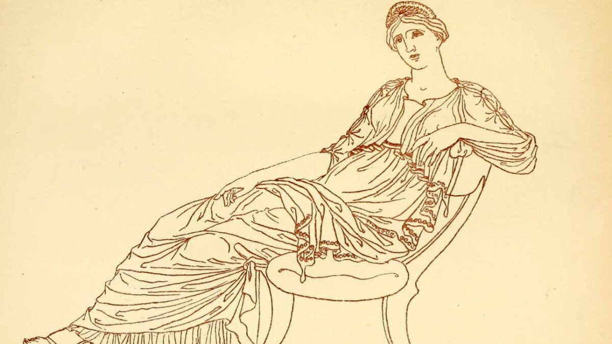 The image shows an 1881 illustration of a woman lounging in a chair wearing a long flowing dress