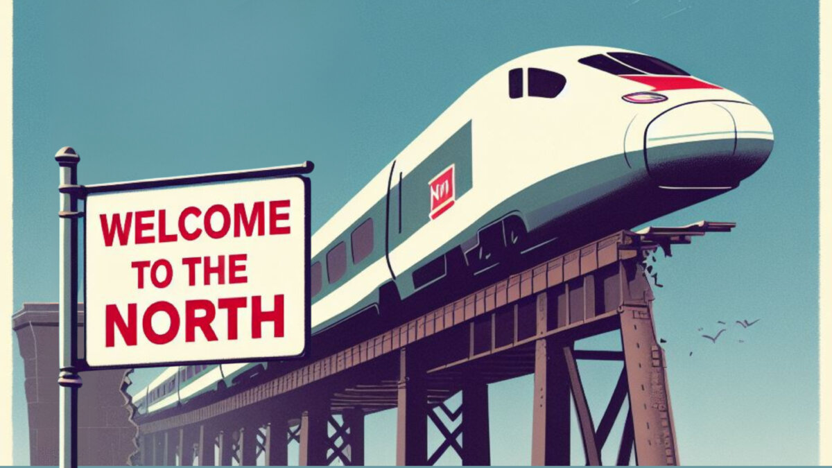 A train hangs over the end of an unfinished bridge. There is a sign on the left of the image saying 'Welcome to the North'.