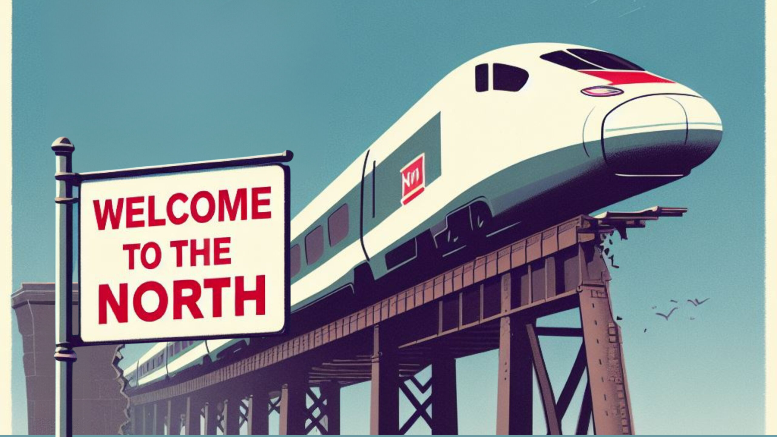 A train hangs over the end of an unfinished bridge. There is a sign on the left of the image saying 'Welcome to the North'.
