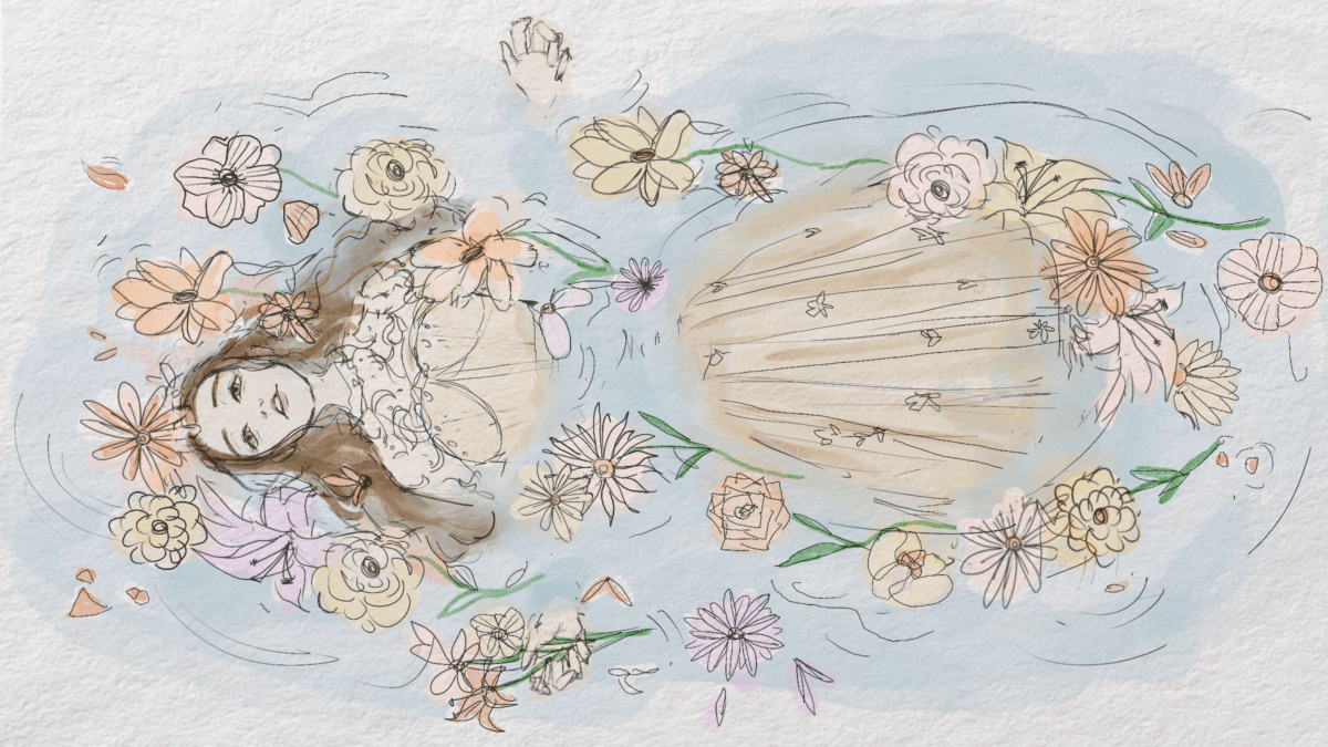 An illustration based on John Everett Millais' painting, "Ophelia". A girl is floating in water, surrounded by flowers.