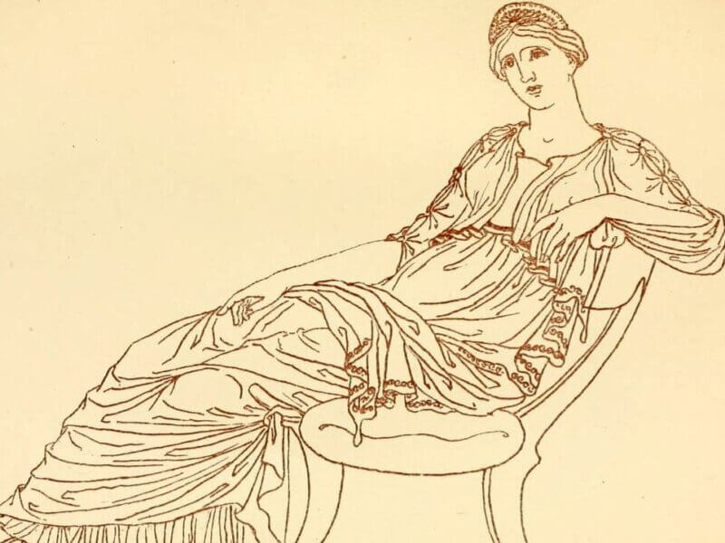An illustration of a young woman from classical antiquity reclining on a chair.