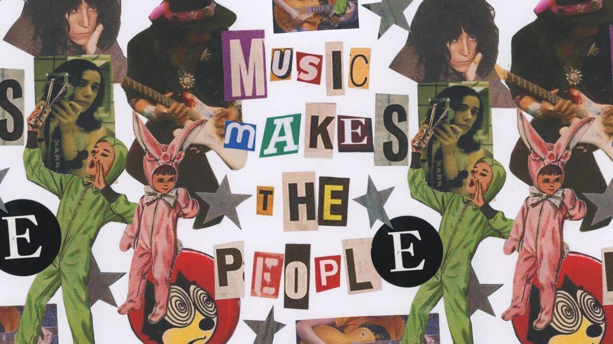 Collage with title 'Music makes the people' and pictures of various female singers and artists, as well as cartoons and star shapes.