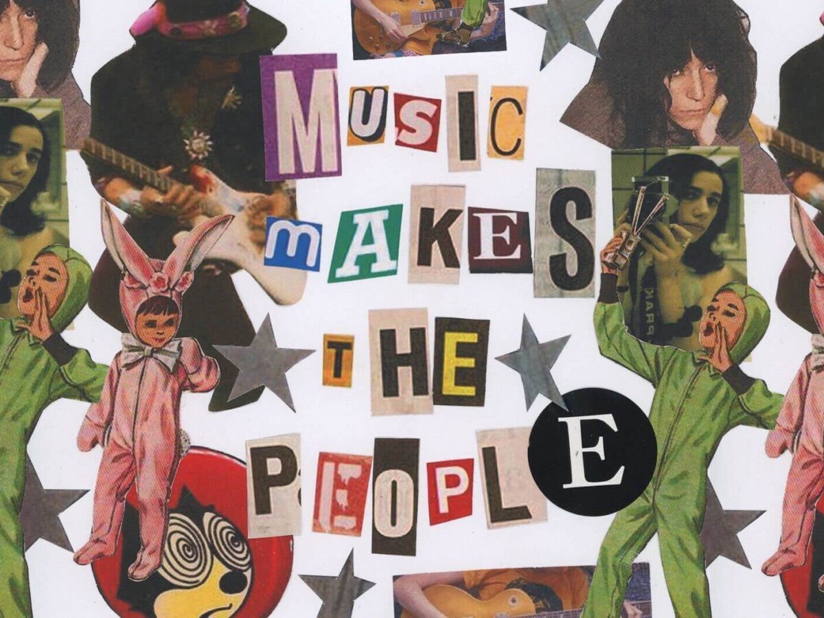 Collage with title 'Music makes the people' and pictures of various female singers and artists, as well as cartoons and star shapes.