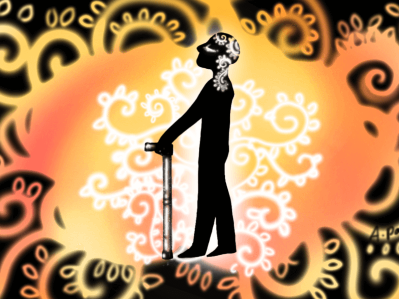 Cartoon figure with a walking stick on a spiralling black and orange background