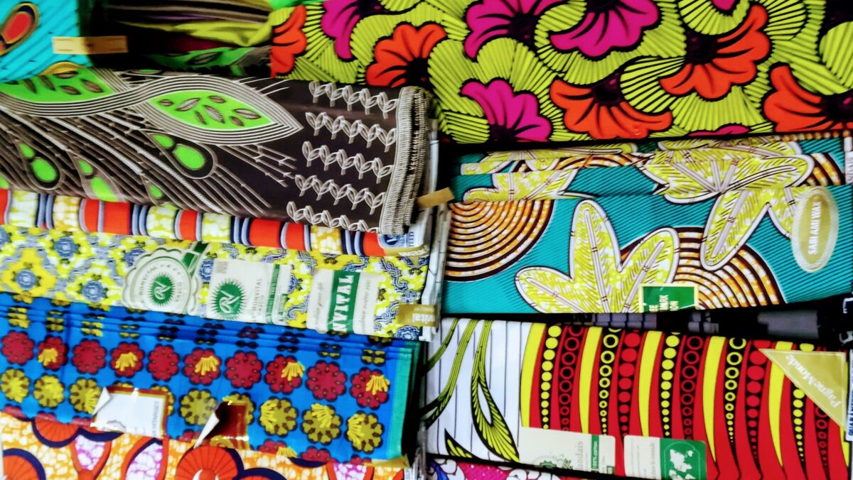 West African textile designs in a market in Kinshasa, DRC.