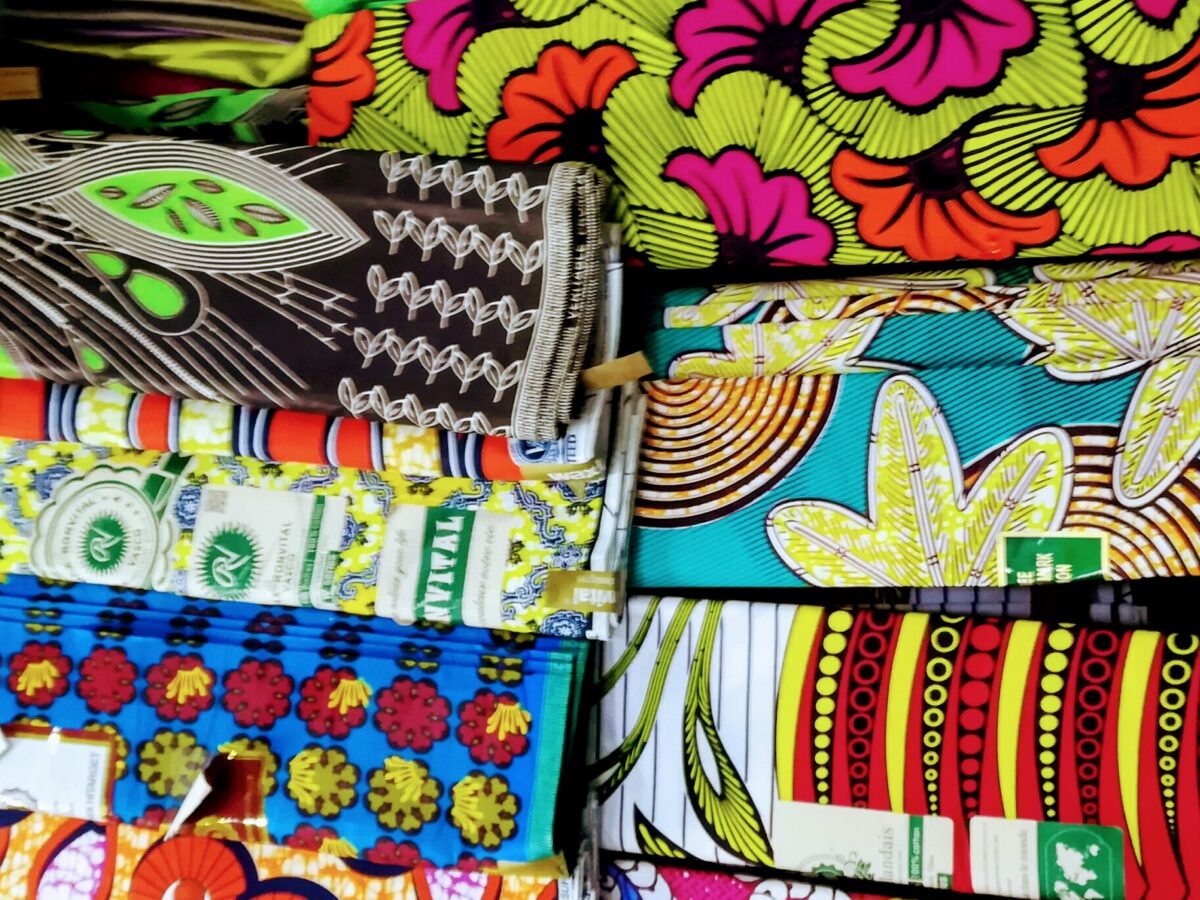West African textile designs in a market in Kinshasa, DRC.