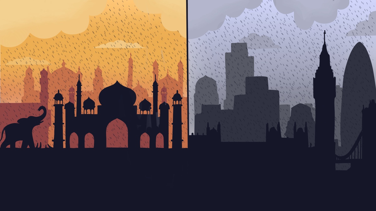side-by-side illustrations of a warm Indian monsoon and cold English rain