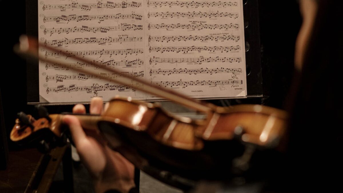 Image of a violin player taken from behind, with their sheet music visible in front of them.
