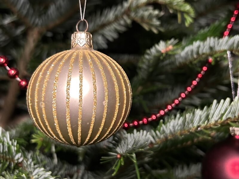 Photograph of baubles on a Christmas tree