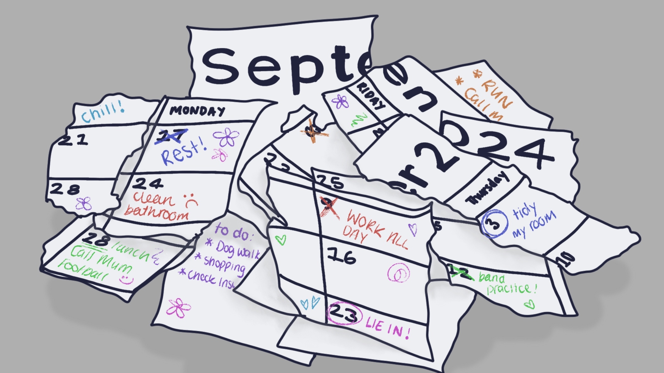 A pile of ripped up diaries and calendars.