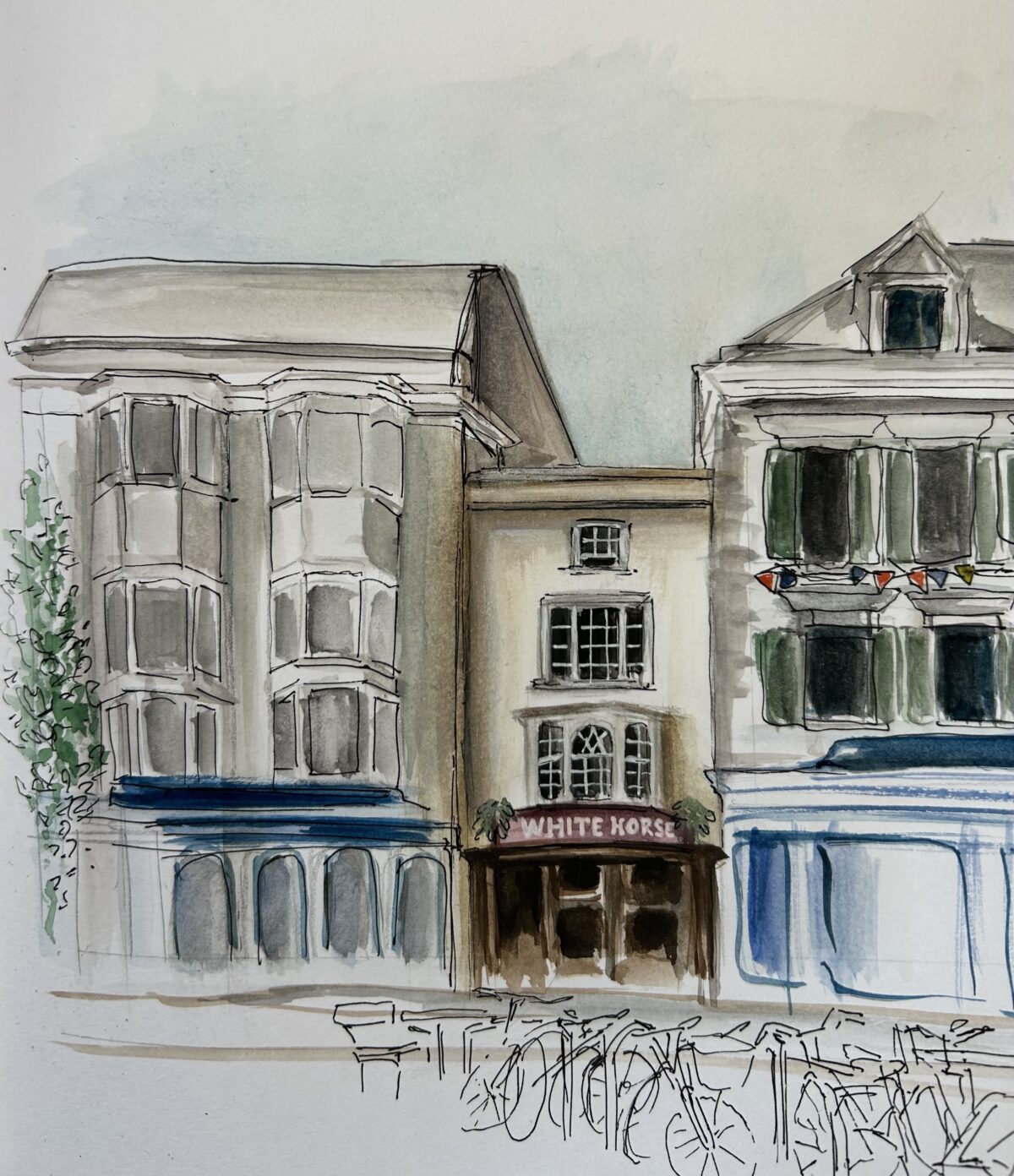 A watercolour of three buildings in Oxford, the centre-most being the pub 'The White Horse.'