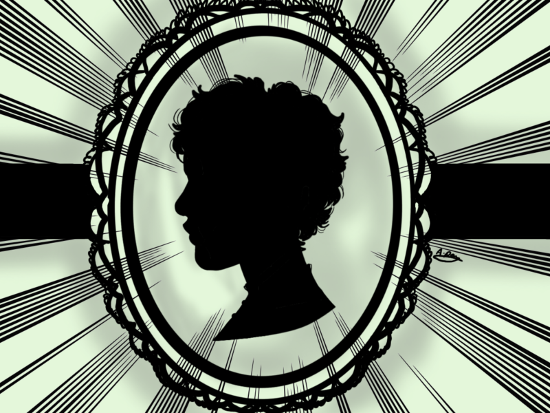 An illustrated cameo of Jo March sits at the centre of black and white background.
