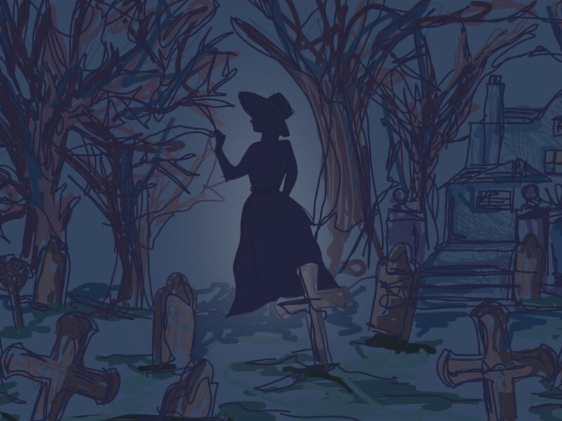 The ghostly silhouette of a woman stands amongst graves and trees, in the eerie garden of a stately home.