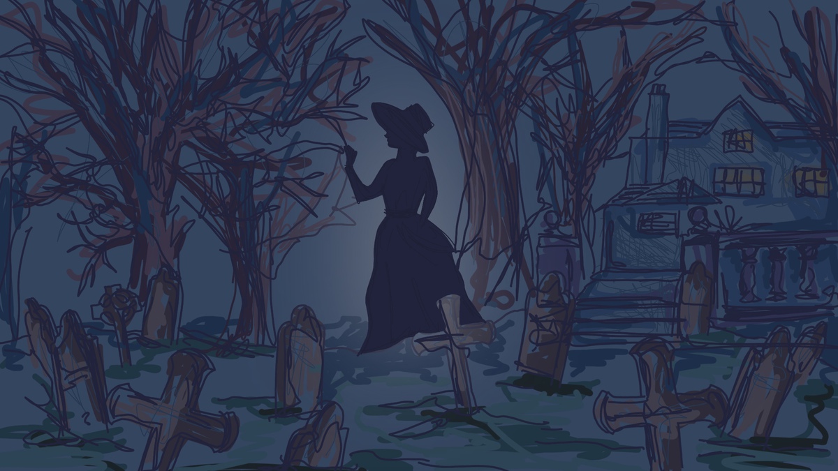 The ghostly silhouette of a woman stands amongst graves and trees, in the eerie garden of a stately home.