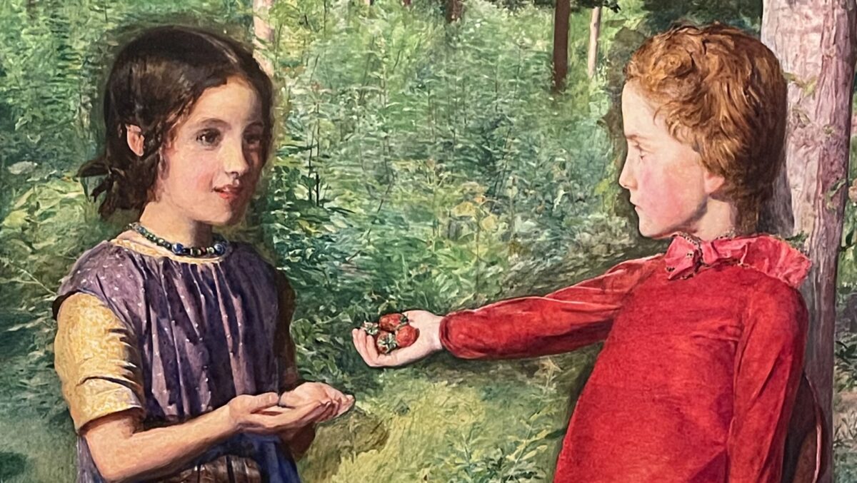 a painting of a young girl and boy. the boy hands the girl some fruit.