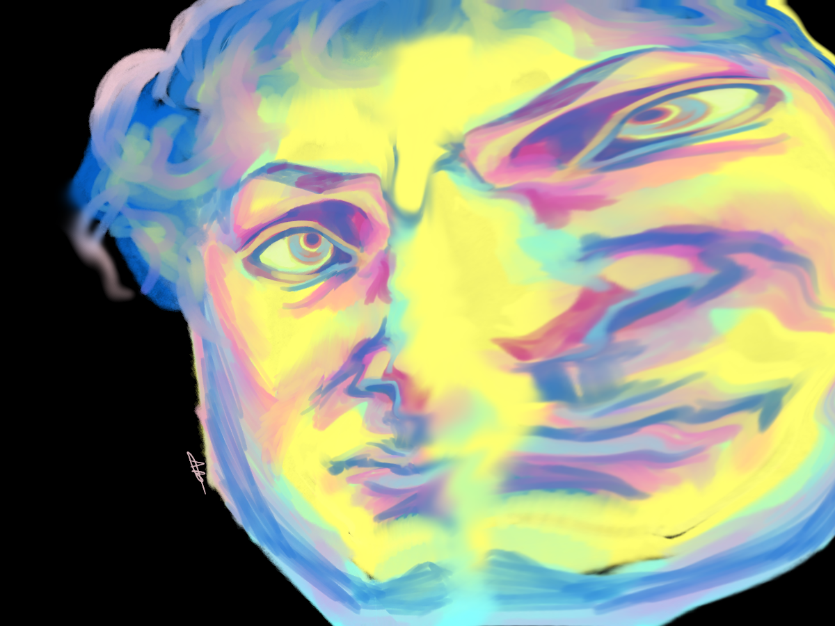 A yellow, blue, and pink illustration of a man's face. The face is stoic yet distorted, one side is warped and bigger than the other.