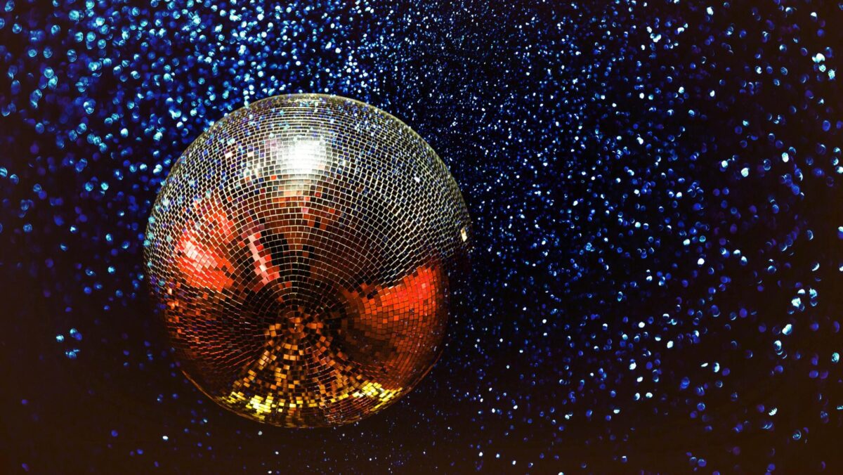 Photograph of a sparkling disco ball.