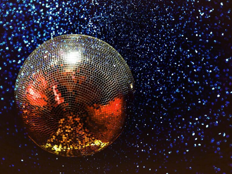 Photograph of a sparkling disco ball.