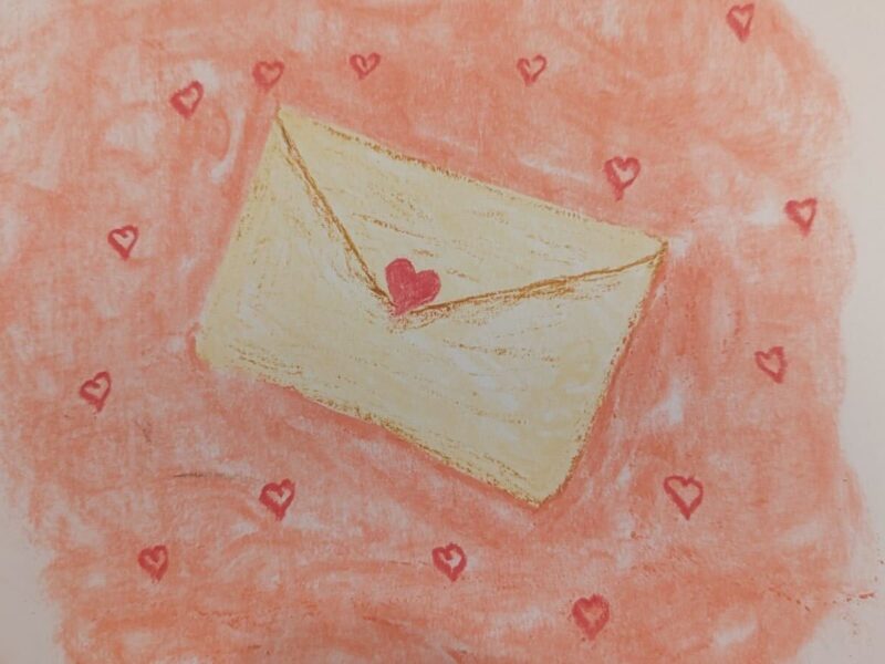 The image shows a cream envelope with a small pink heart on the seal. Behind the envelope there is a pink cloud with small pink hearts.
