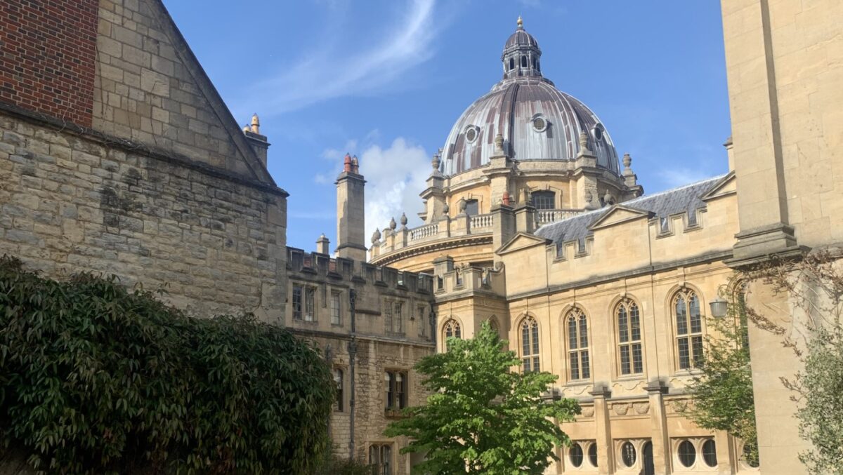 A picture of the Radcliffe Camera taken from one of the quad in Brasenose College. Image by Lottie Newell.
