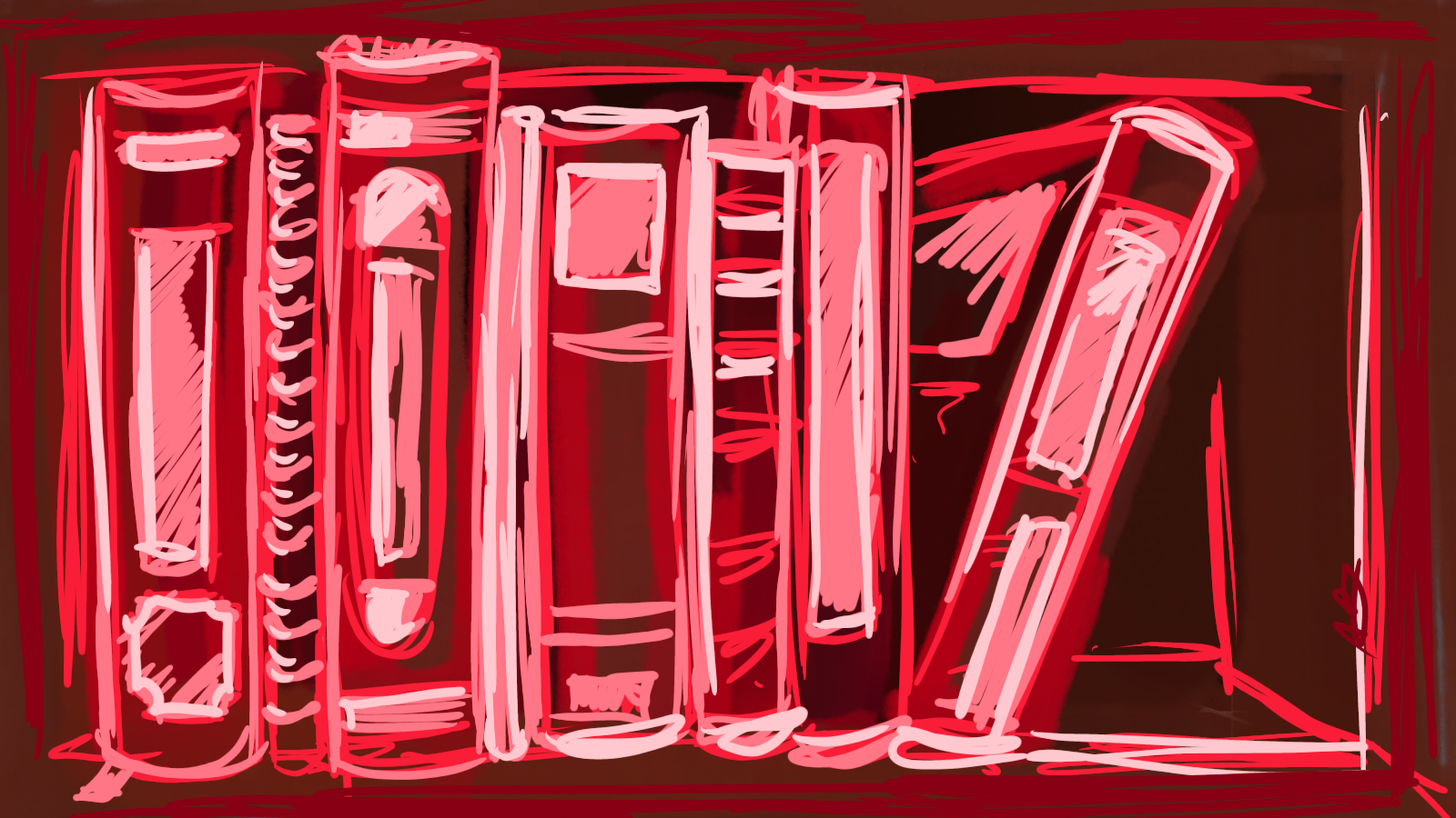 An illustration of a red bookshelf.