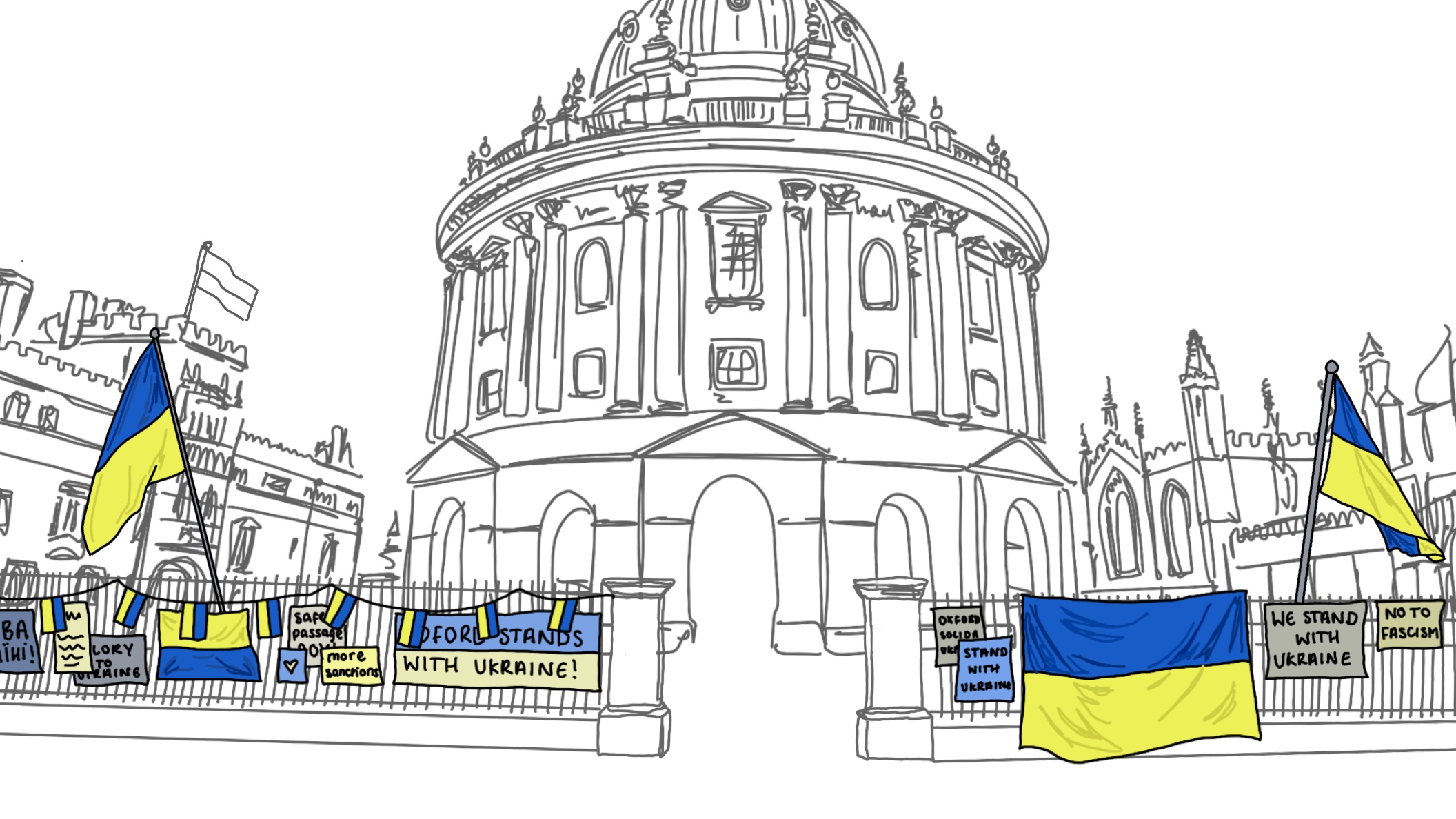 Ukrainian Flags around the Radcliffe Camera, with banners expressing opinions about the war
