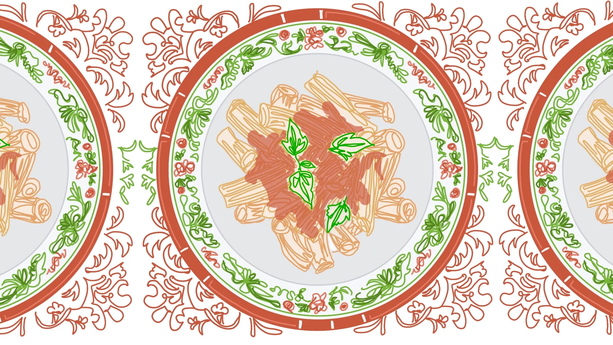 Three plates of pasta with tomato sauce and basil on a red and white patterned tablecloth.