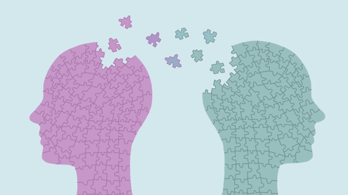 An illustration of two heads, one purple and one green, made up of jigsaw pieces. The jigsaw pieces are moving from each head into the other, representing a change in identity. Illustration by Niamh Walker.