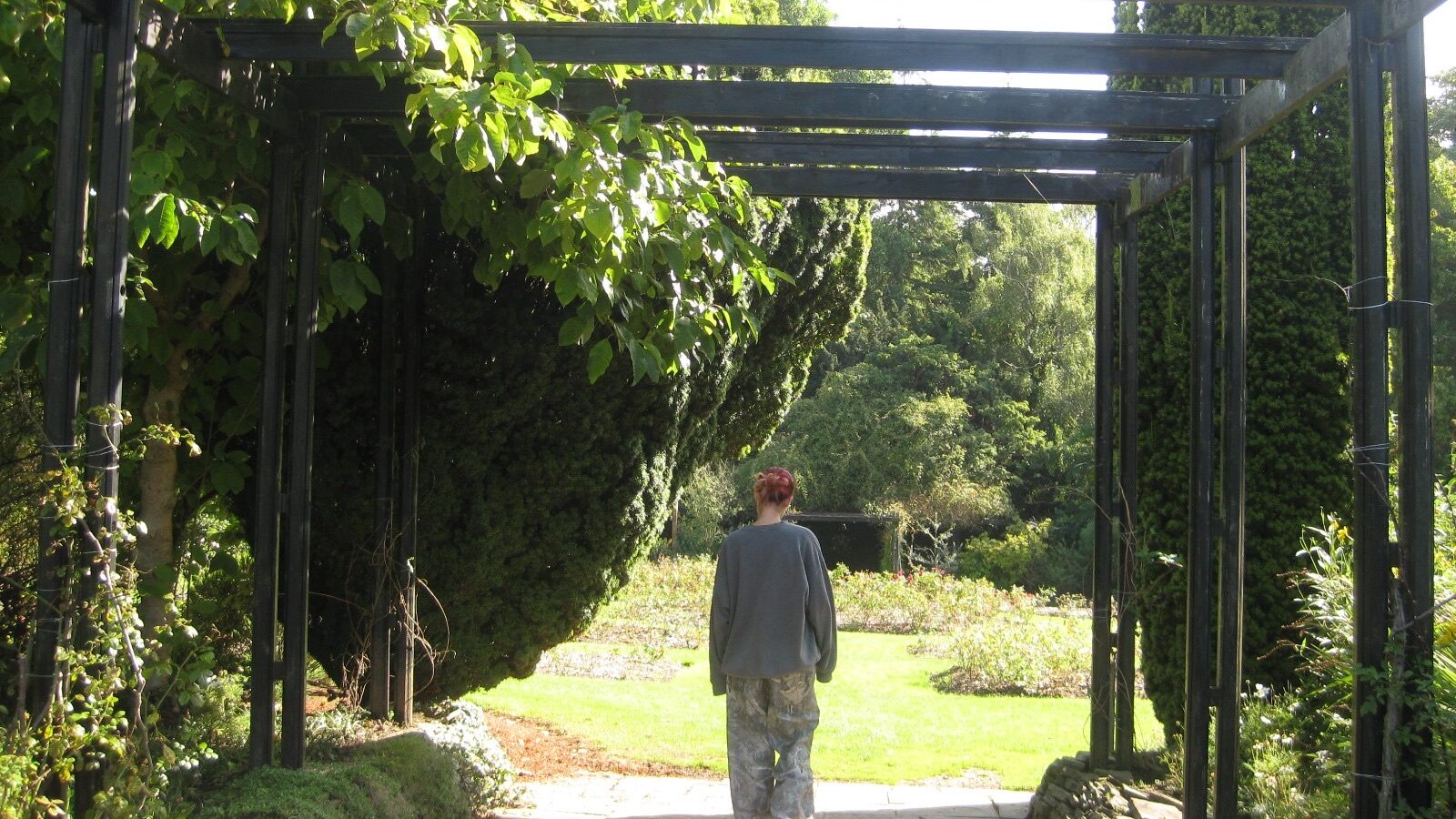 Image of a girl walking through a path in a garden.