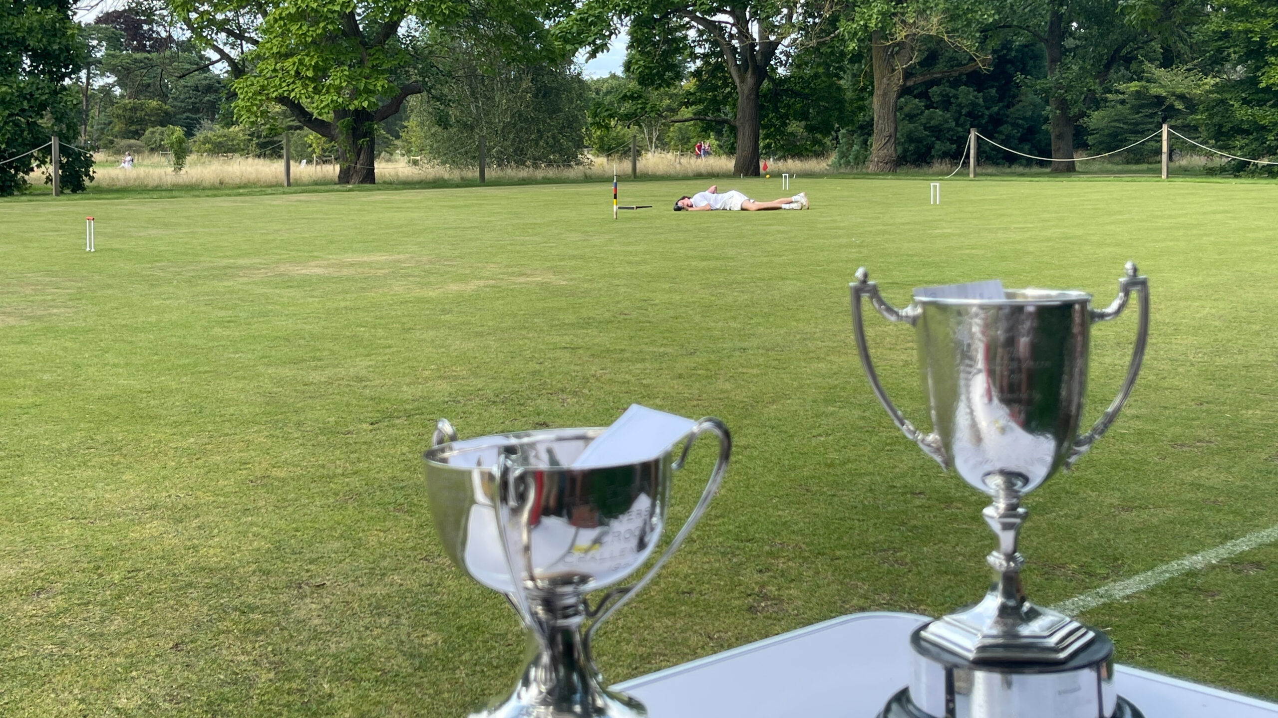 A game of croquet with trophies in the foreground.