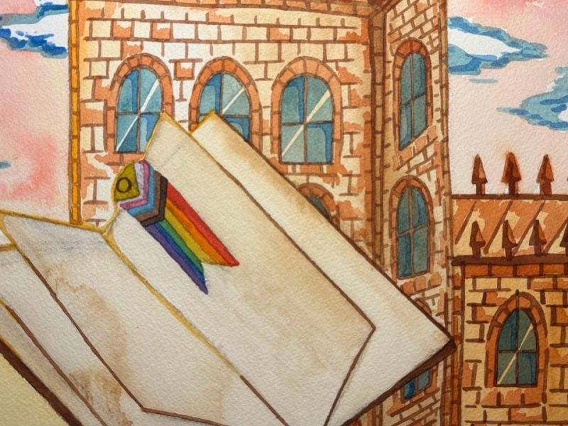 Our regular image for the Diaries of a Thought Son column, a castle with a flying bookmark featuring the LGBT flag.