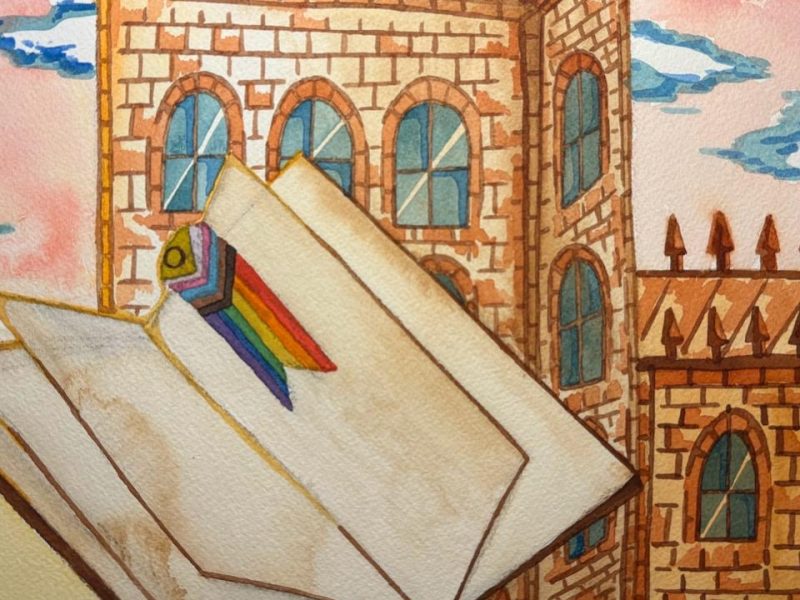 The regular image for the diaries of a thought son column, showing a castle with a book with the LGBT+ pride flag as its bookmark.