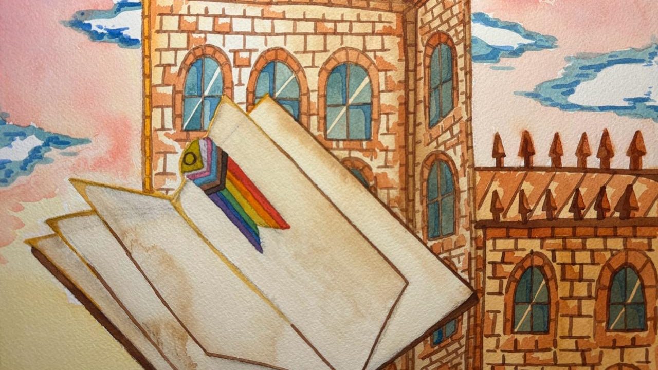 The regular image for the diaries of a thought son column, showing a castle with a book with the LGBT+ pride flag as its bookmark.