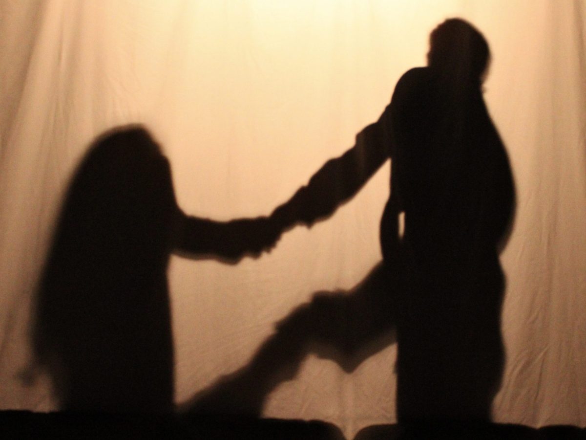 The silhouettes of a couple holding hands behind a white sheet