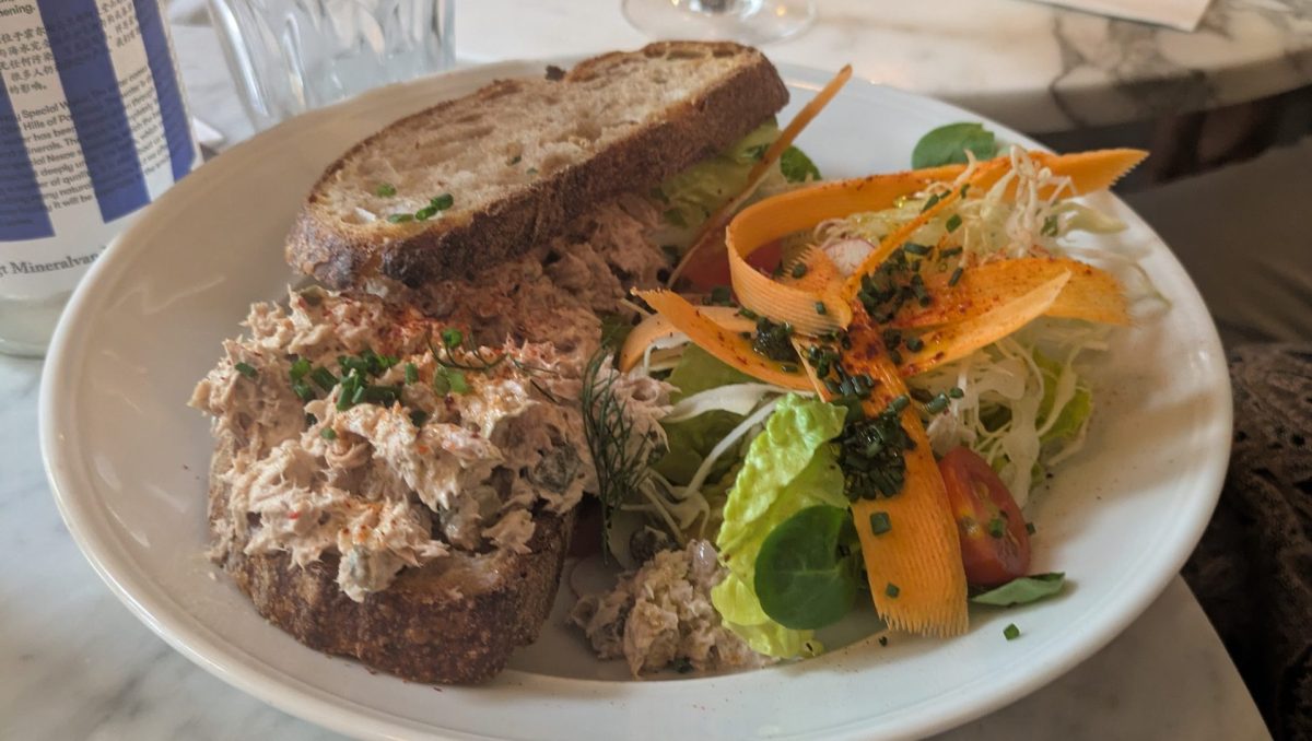 A gourmet tuna sandwich with a side salad.