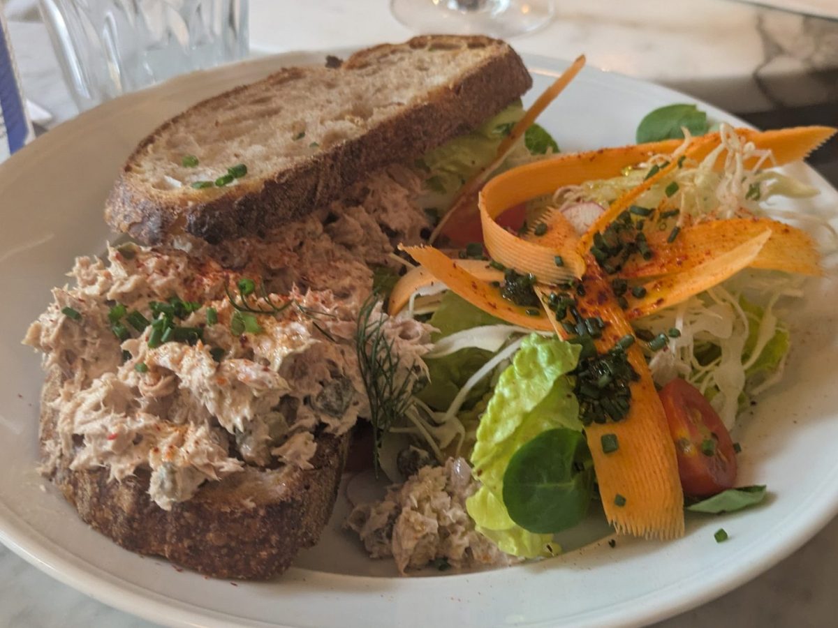 A gourmet tuna sandwich with a side salad.