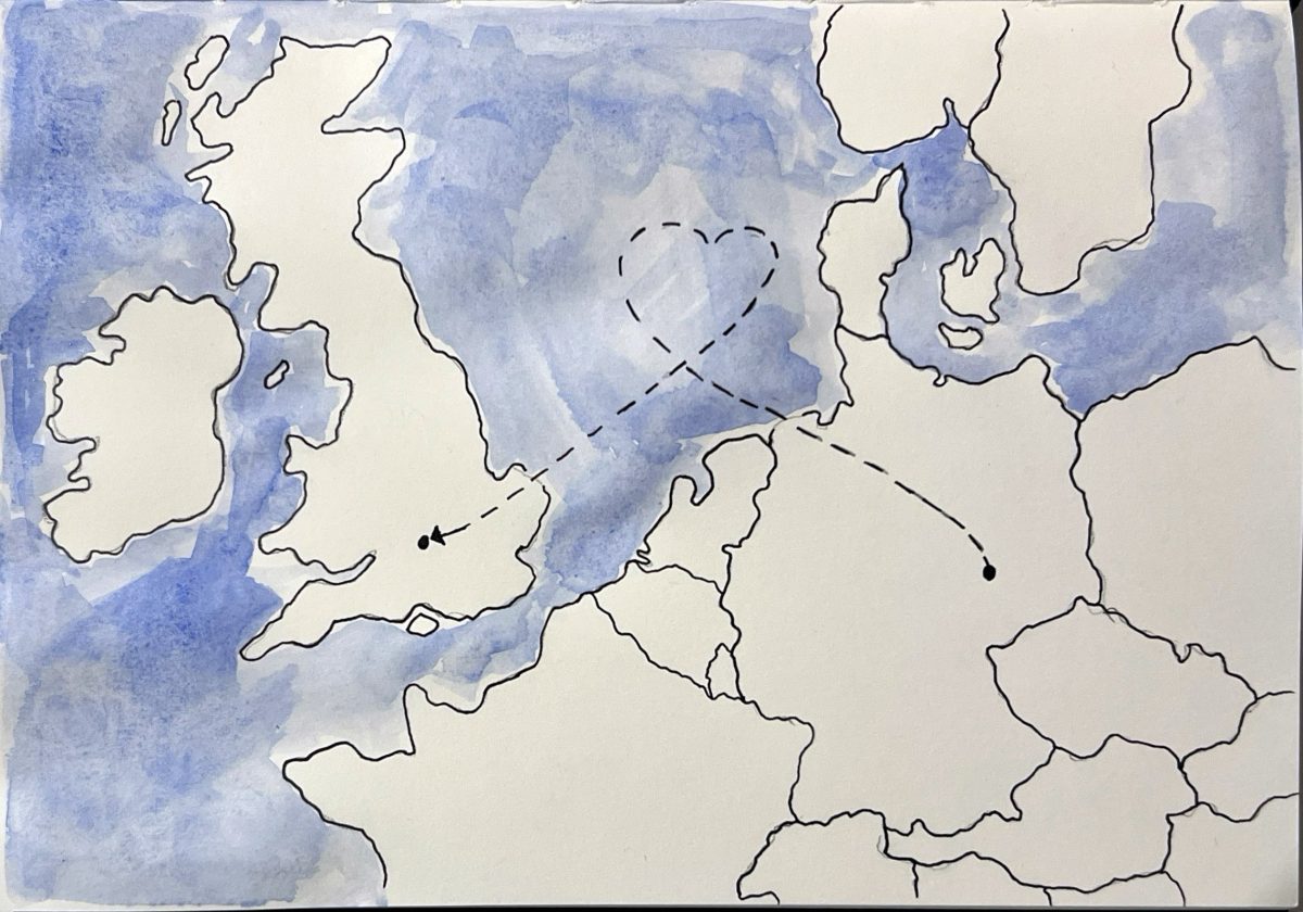 An illustration of a map of Western Europe with an arrow connecting Leipzig and Oxford