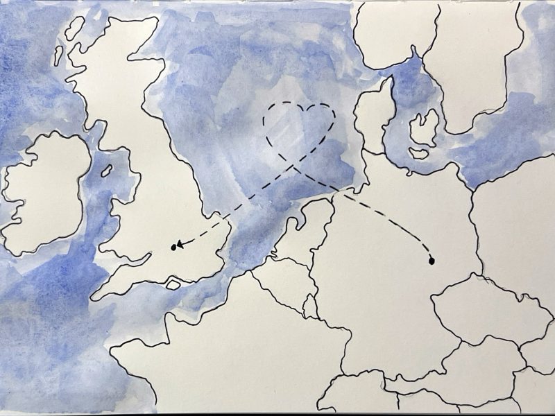 An illustration of a map of Western Europe with an arrow connecting Leipzig and Oxford