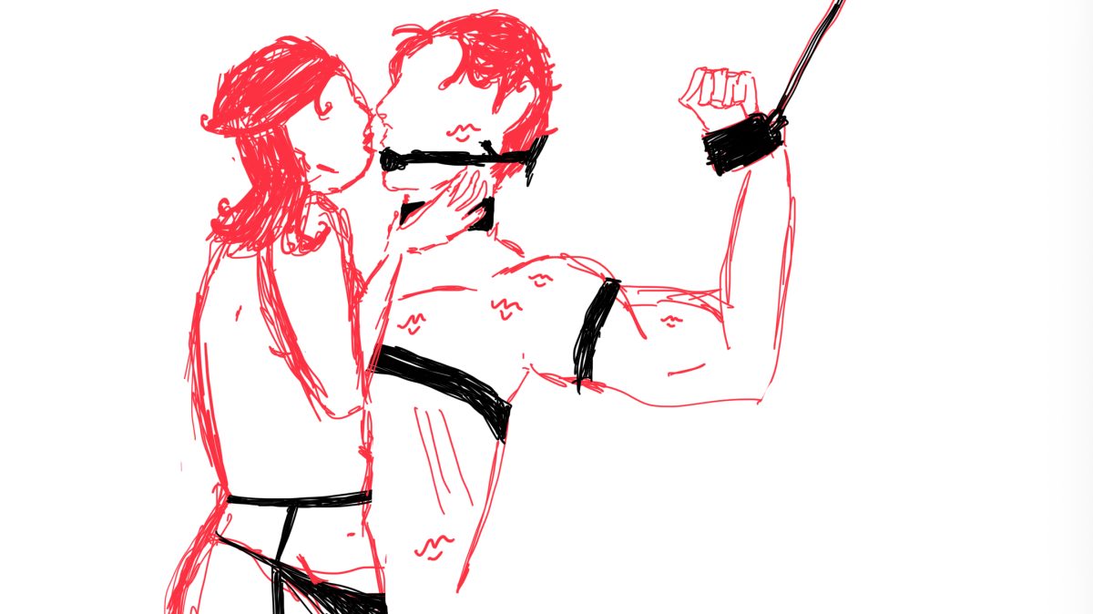 An illustration of a woman and man engaged in bondage